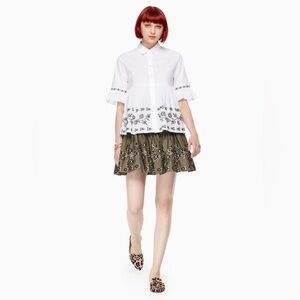 kate spade White Button-Front Peplum Blouse with Black Floral Embroidery